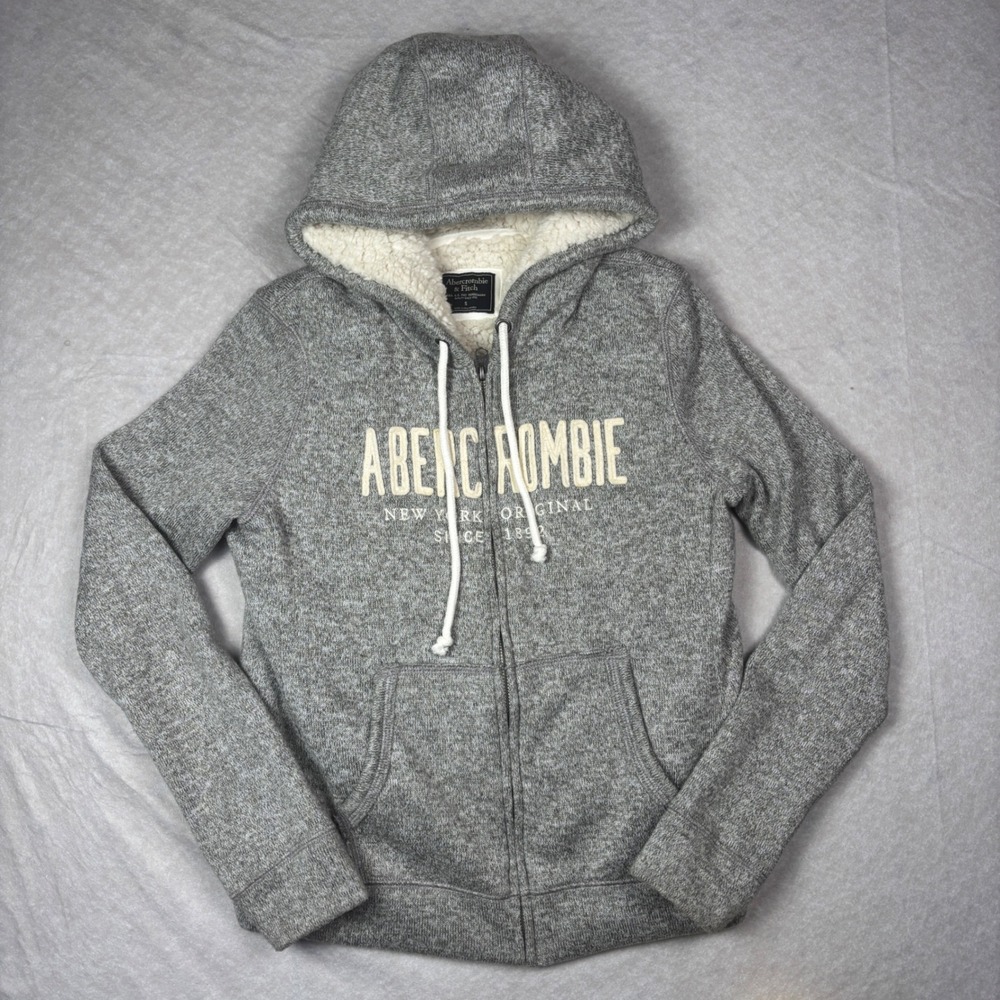 Gray Y2k Abercrombie & Fitch Sherpa-Lined Zip-Up Hoodie – Size S